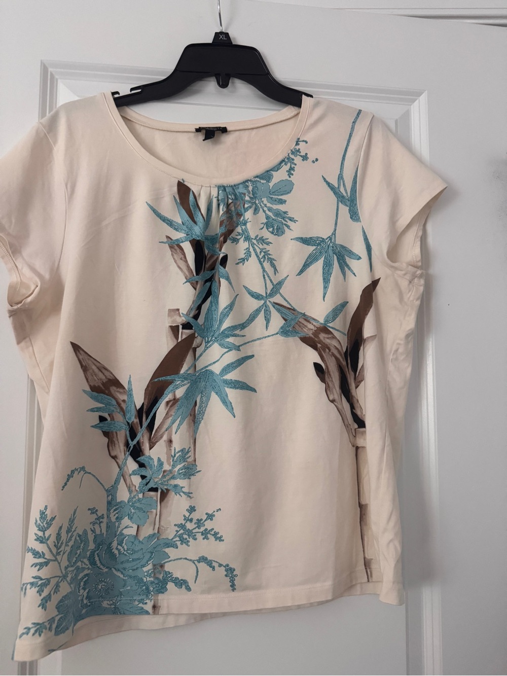 Talbots Cream Short Sleeve Top with Teal and Brown Botanical Print
